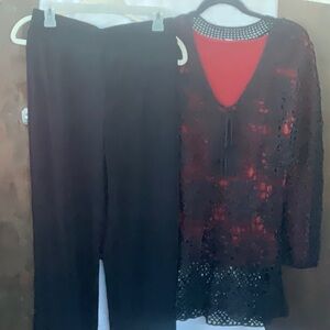 Chico's Black Cardigan/Maroon L/S Blouse and Black Straight Leg Pants; M/8